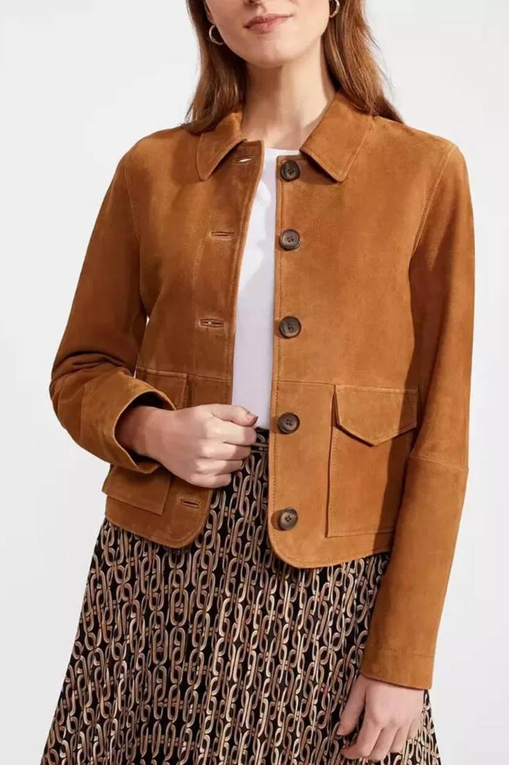 Women’s brown button style suede lambskin leather jacket 2 pockets