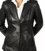 Women’s  style black mid-length leather button trench coat
