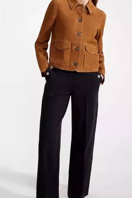 Women’s brown button style suede lambskin leather jacket 2 pockets 4