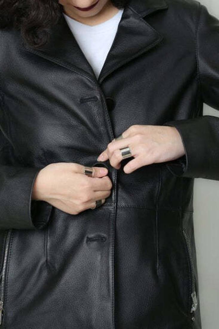 Women’s  style black leather button trench coat