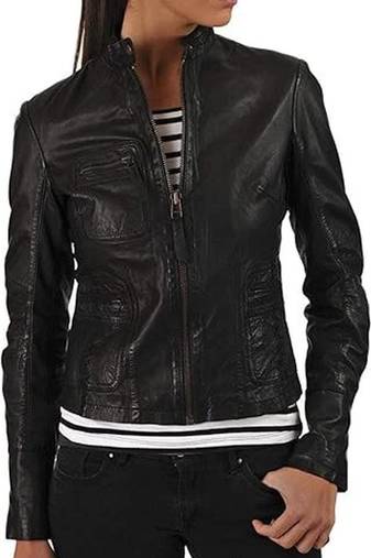 Women’s black zipper lambskin leather jacket biker moto jacket