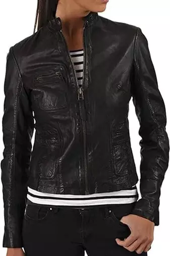 Women’s black zipper lambskin leather jacket biker moto jacket