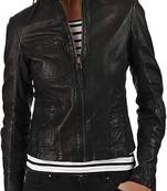 Women’s black zipper lambskin leather jacket biker moto jacket