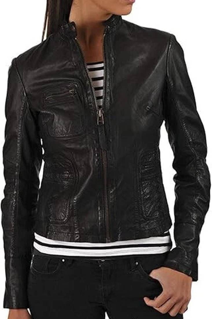 Women’s black zipper lambskin leather jacket biker moto jacket
