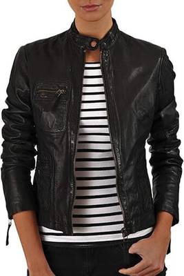 Women’s black zipper lambskin leather jacket biker moto jacket 3