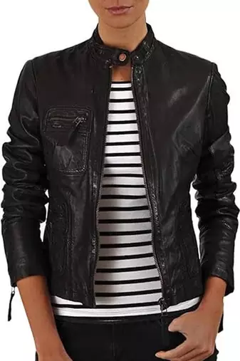 Women’s black zipper lambskin leather jacket biker moto jacket