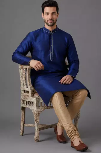 Navy blue art silk kurta pyjama