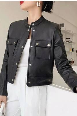 Women’s modern utility-style cropped leather jacket matte black 1