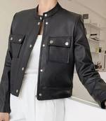 Women’s modern utility-style cropped leather jacket matte black