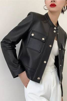 Women’s modern utility-style cropped leather jacket matte black 2