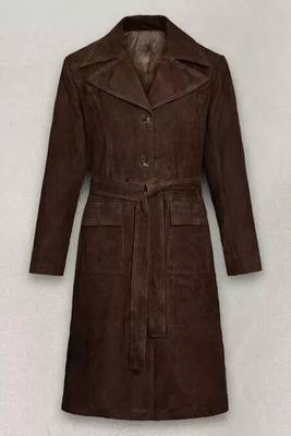 Women’s longline brown suede leather trench style coat belted button style 1