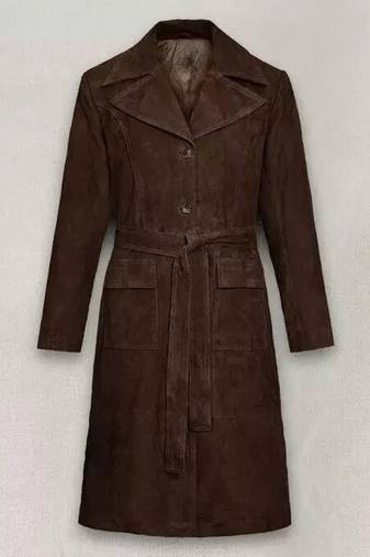 Women’s longline brown suede leather trench style coat belted button style