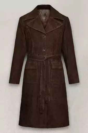 Women’s longline brown suede leather trench style coat belted button style