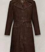 Women’s longline brown suede leather trench style coat belted button style