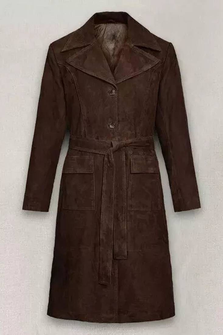Women’s longline brown suede leather trench style coat belted button style