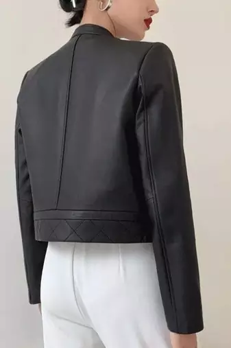 Women’s modern utility-style cropped leather jacket matte black
