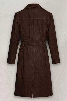 Women’s longline brown suede leather trench style coat belted button style 2