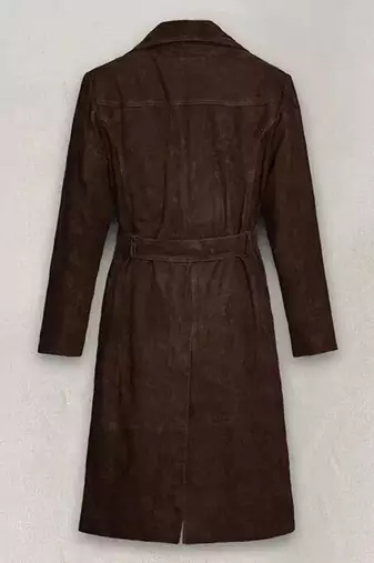 Women’s longline brown suede leather trench style coat belted button style