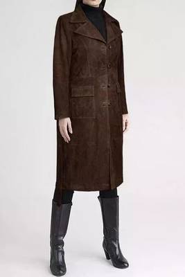 Women’s longline brown suede leather trench style coat belted button style 3