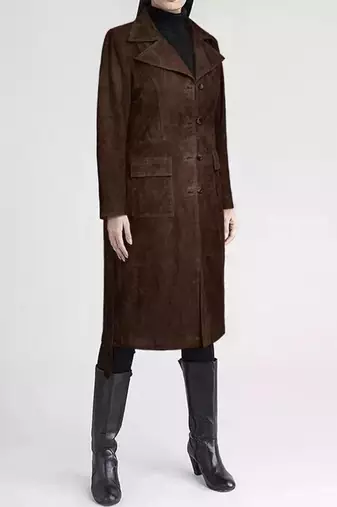Women’s longline brown suede leather trench style coat belted button style