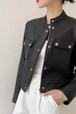 Women’s modern utility-style cropped leather jacket matte black 4