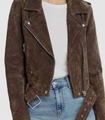 Women’s dark brown seude leather jacket belted design biker jacket