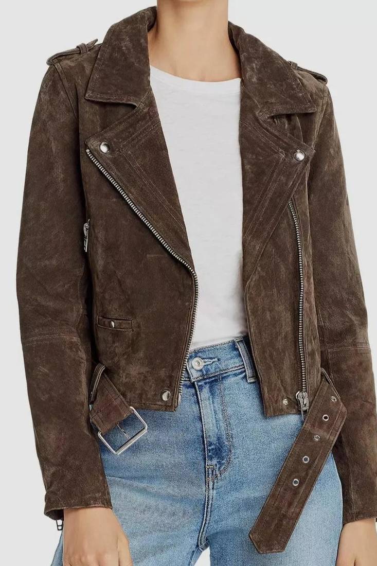 Women’s dark brown seude leather jacket belted design biker jacket