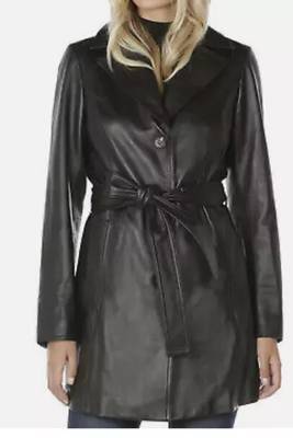 Women’s longline leather trench style coat belted black button style 1