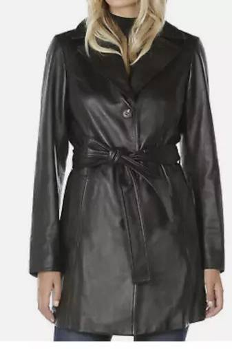 Women’s longline leather trench style coat belted black button style