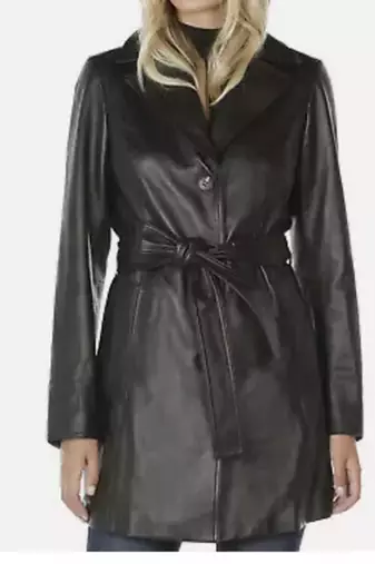 Women’s longline leather trench style coat belted black button style