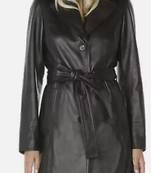 Women’s longline leather trench style coat belted black button style