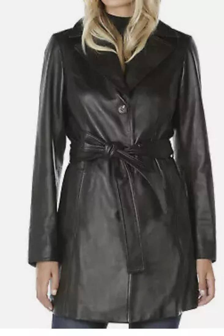 Women’s longline leather trench style coat belted black button style