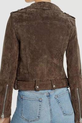 Women’s dark brown seude leather jacket belted design biker jacket 2