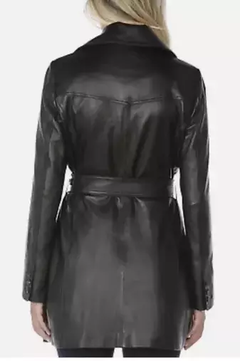 Women’s longline leather trench style coat belted black button style