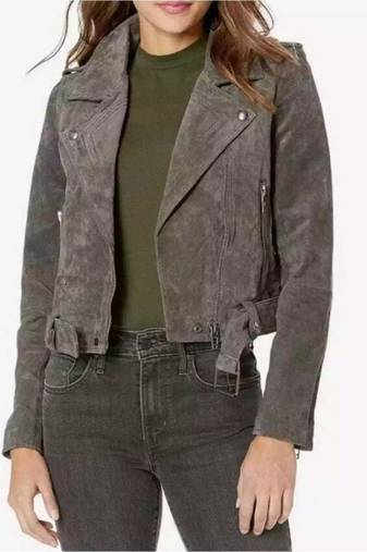 Women’s grey seude leather jacket belted design biker jacket