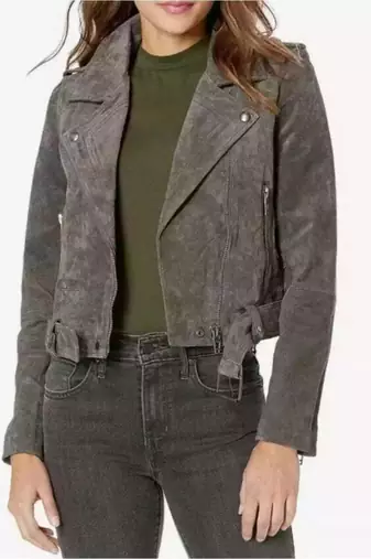 Women’s grey seude leather jacket belted design biker jacket