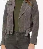 Women’s grey seude leather jacket belted design biker jacket
