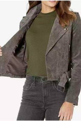 Women’s grey seude leather jacket belted design biker jacket 2