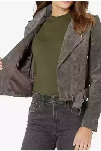 Women’s grey seude leather jacket belted design biker jacket
