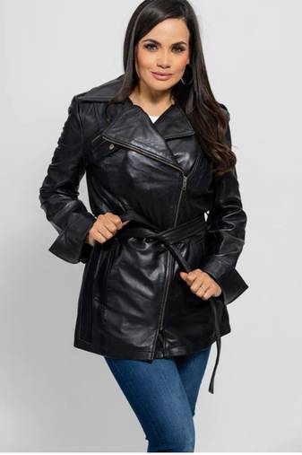 Women’s longline leather trench style coat belted black style