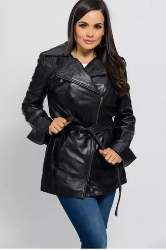 Women’s longline leather trench style coat belted black style