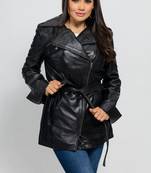 Women’s longline leather trench style coat belted black style