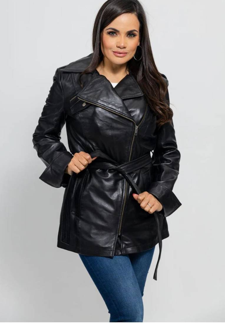 Women’s longline leather trench style coat belted black style