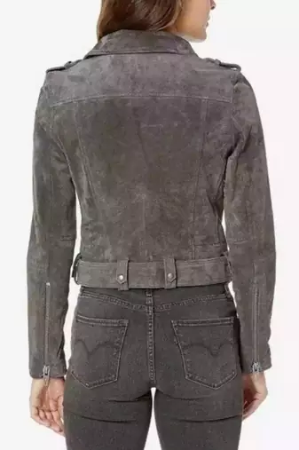 Women’s grey seude leather jacket belted design biker jacket