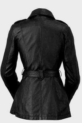 Women’s longline leather trench style coat belted black style 2