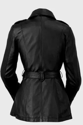 Women’s longline leather trench style coat belted black style
