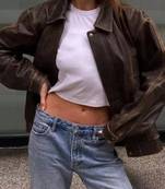 Vintage-inspired oversized women's leather bomber jacket distressed dark brown