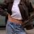Vintage-inspired oversized women's leather bomber jacket distressed dark brown
