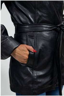 Women’s longline leather trench style coat belted black style 3