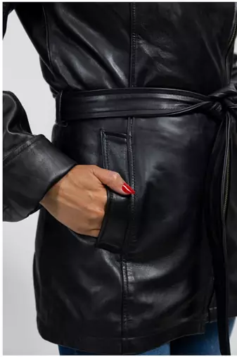 Women’s longline leather trench style coat belted black style